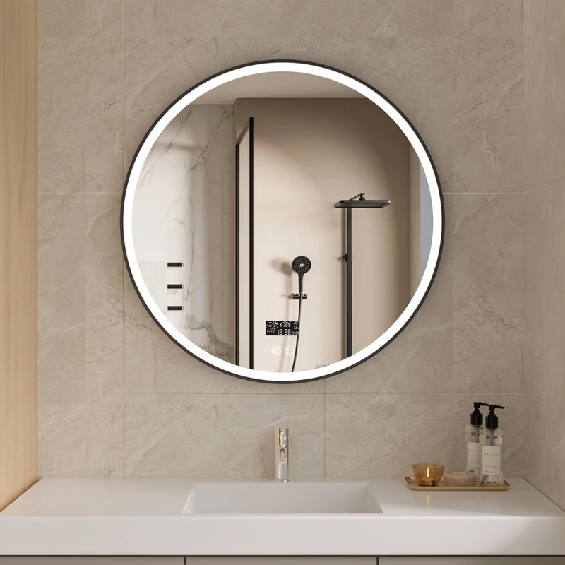 Smart Spiegel 80 cm Rond met Zwart Frame, LED Verlichting, Anti-Condenst en Wifi