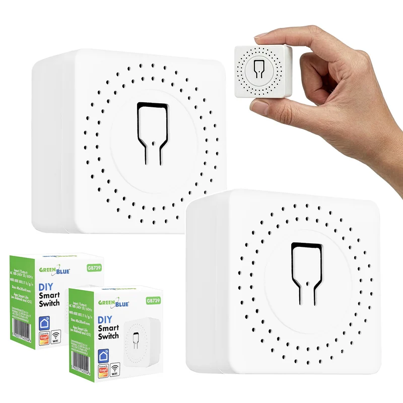 GreenBlue inbouw-wifi-relais, Android/iOS/Alexa/Google Home, 100-240 V AC, 50/60 Hz, max. 16 A, voor LED 150 W, GB739, 2 stuks