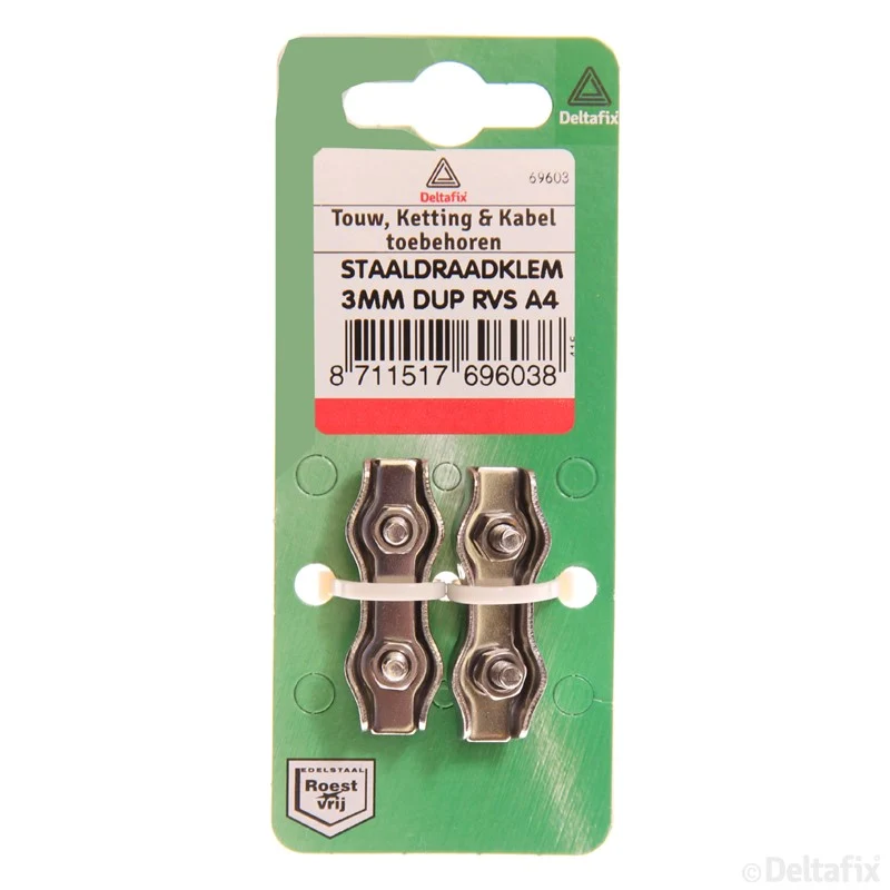Deltafix staaldraadklem duplex 3mm RVS 2st