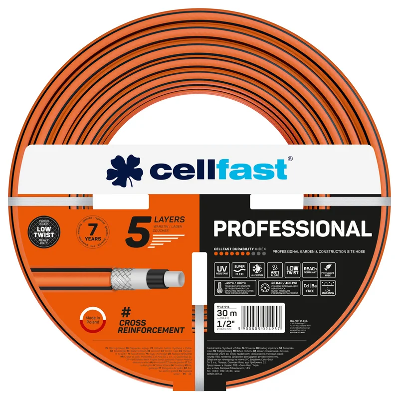 Tuyau d'arrosage Cellfast Professional, diamètre 1/2 pouce, longueur 30 m, 5 couches