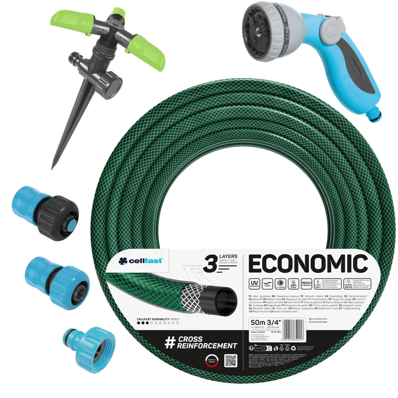 Cellfast Economic tuinslang 3/4" 50 m + snelkoppeling van messing en doorvoerstuk 3/4" + aansluiting met binnendraad 3/4" + draaibare sproeier + pistoolsproeier