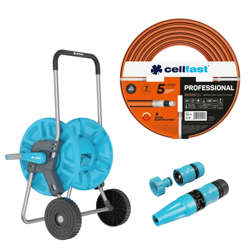 Chariot pour tuyau Cellfast Aluplus 1/2" 60 m + Tuyau d'arrosage Cellfast PROFESSIONAL 1/2" 30 m + Kit avec arroseur droit Cellfast Basic 1/2"