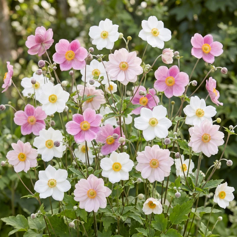 Herfst anemone Tricolour kopen, met donker roze, roze en witte bloemen