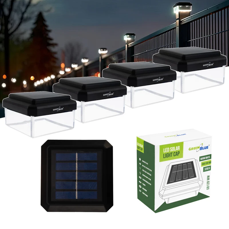GreenBlue LED-zonnelamp voor paal, 100 x 100 mm, envelopvormige kap, 3200 K, GB128 WW, 4 stuks