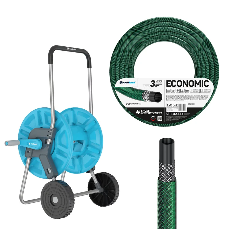 Cellfast Aluplus-slangwagen 1/2" 60 m + Cellfast Economic-tuinslang 1/2" 50 m