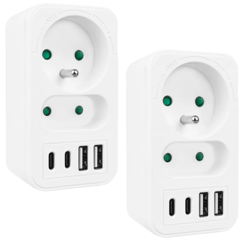 Prise de courant Maclean x2 + 4xUSB, splitter avec 2 prises, 2xUSB A, 2xUSB C PD 20W, 1x16A + 1x6A, MCE249 F/W, 2 pièces