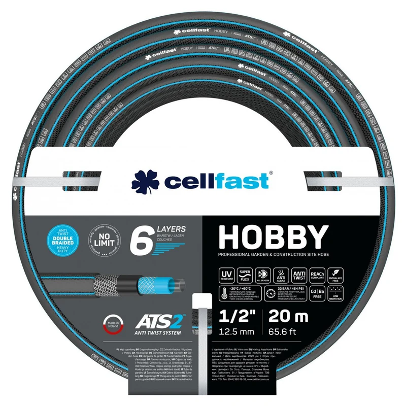 Cellfast HOBBY ATS2™ 6-laags Tuinslang dubbel gevlochten met kruis en jerseystof UV-stralen en algenbestendig 1/2 inch 20 m