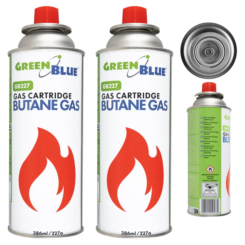 2x GreenBlue-gaspatroon van 227 g. Certificaat: Pi 0875, voldoet aan de norm EN417, butaan, gebruiksbereik -10 °C tot +40 °C, GB227