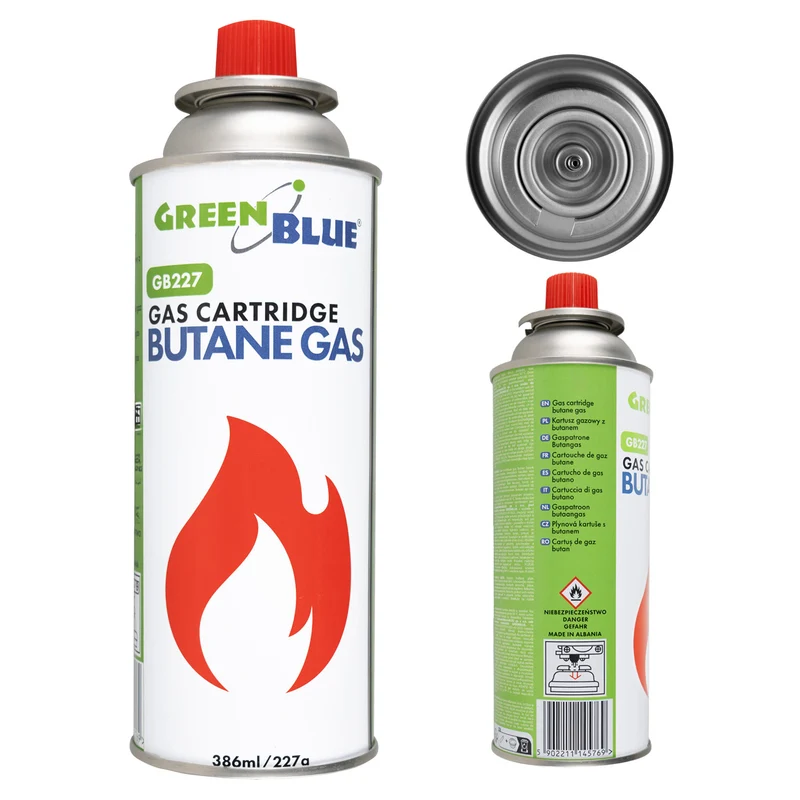 GreenBlue-gaspatroon van 227 g. Certificaat: Pi 0875, voldoet aan de norm EN 417, butaan, gebruiksbereik -10 °C tot +40 °C, GB227