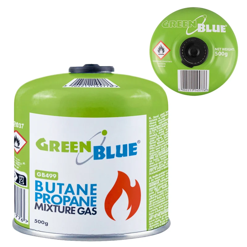 GreenBlue-gaspatroon van 500 g. Certificaat: Pi 0437, voldoet aan EN 417, butaan-propaan, temperatuurbereik -10 °C tot +40 °C, schroefdraadventiel 7/16'' GB499