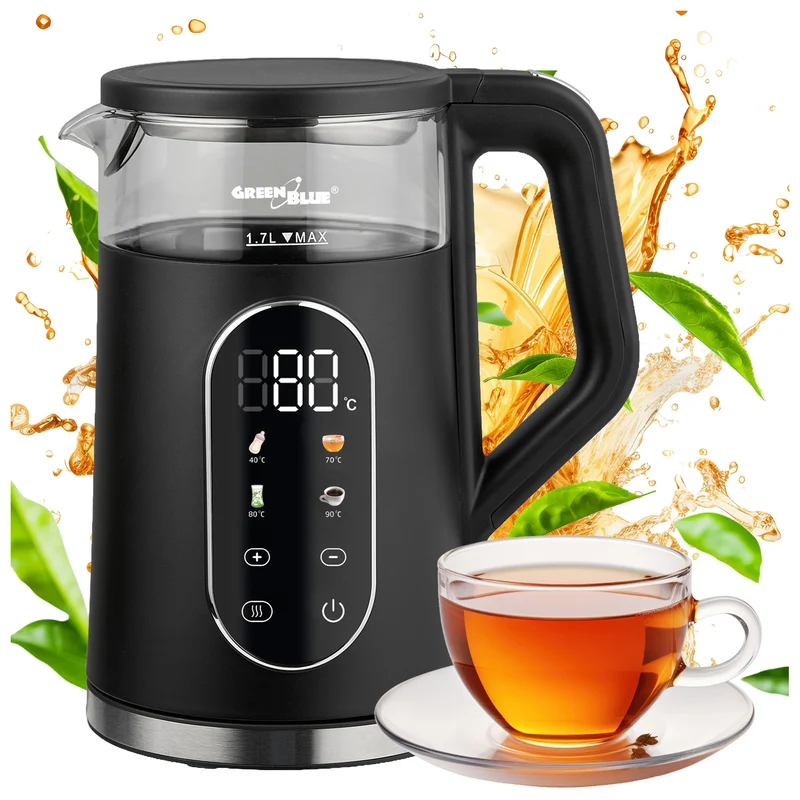 Bouilloire électrique sans fil GreenBlue, capacité 1,7 l, réservoir en verre, affichage clair, sélection de la température, 2200 W, GB670 B