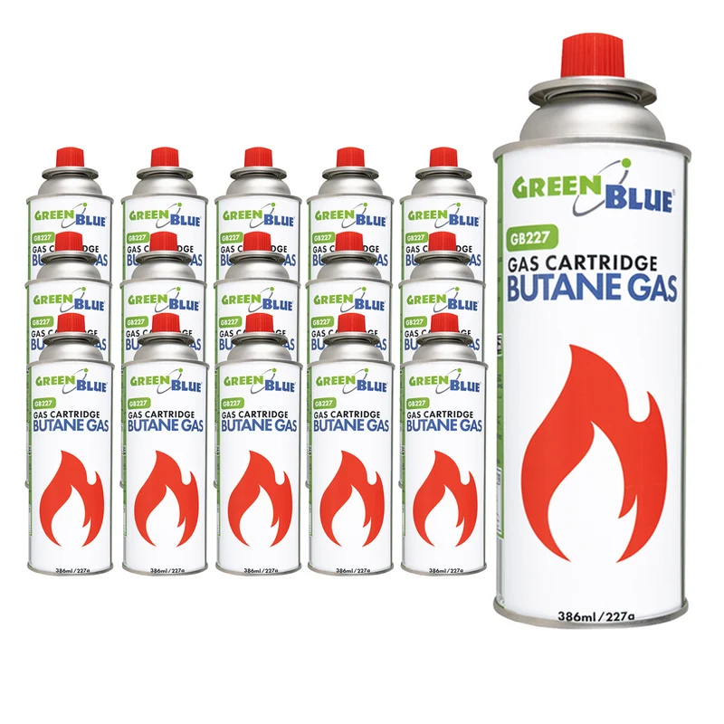 16 cartouches de gaz GreenBlue de 227 g. Certificat : Pi 0875, conforme à la norme EN 417, butane, plage de fonctionnement de -10 °C à +40 °C, GB227