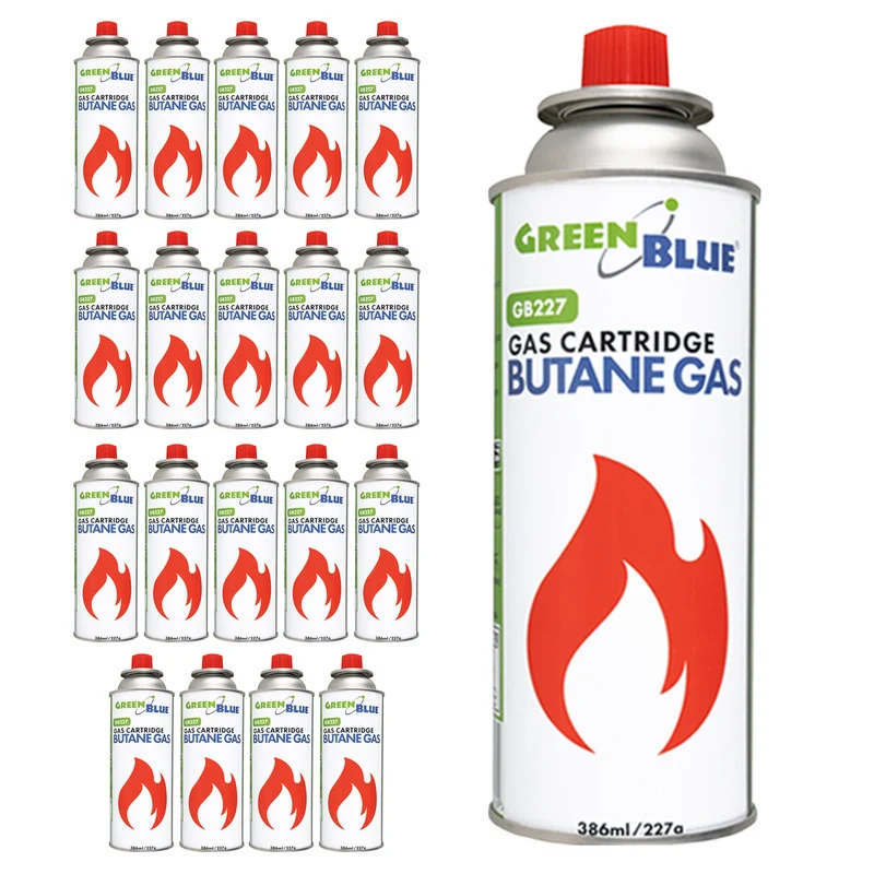 20 cartouches de gaz GreenBlue de 227 g. Certificat : Pi 0875, conforme à la norme EN 417, butane, plage de fonctionnement : -10 °C à +40 °C, GB227