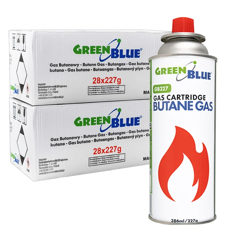 Cartouche de gaz GreenBlue 227 g, 56 pièces. Certificat : Pi 0875, conforme à la norme EN 417, butane, plage de fonctionnement : -10 °C à +40 °C, GB227