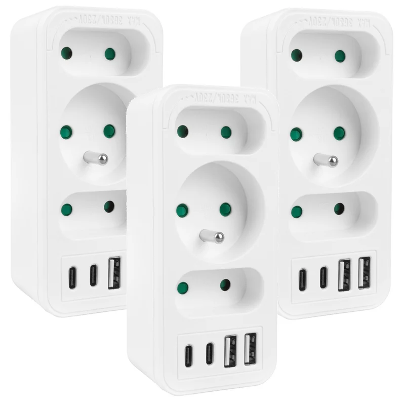 Stopcontact x3 + 4xUSB Maclean, 3-voudige splitter, 2xUSB A, 2xUSB C PD 20W, 1x16A + 2x6A, MCE248 F/W, 3 stuks