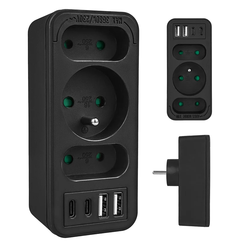 Stopcontact x3 + 4xUSB Maclean, 3-voudige splitter, 2xUSB A, 2xUSB C PD 20W, 1x16A + 2x6A, MCE248 F/B