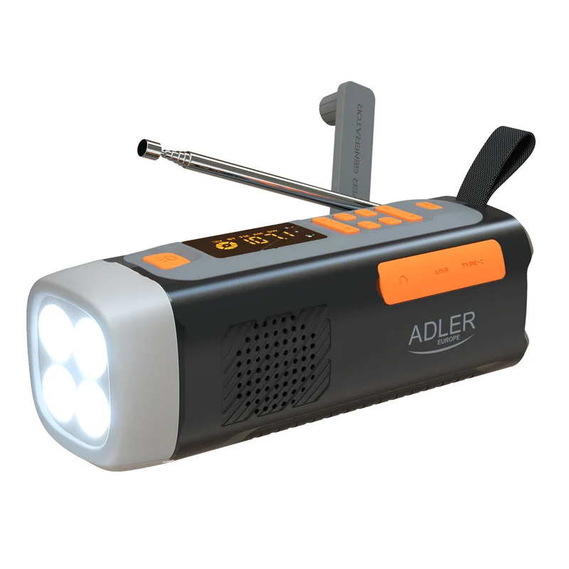 Radio d'urgence Adler, avec panneau solaire, manivelle et batterie externe, Bluetooth 5.0, lampe torche LED 4 W, 4500 mAh, AD 1920