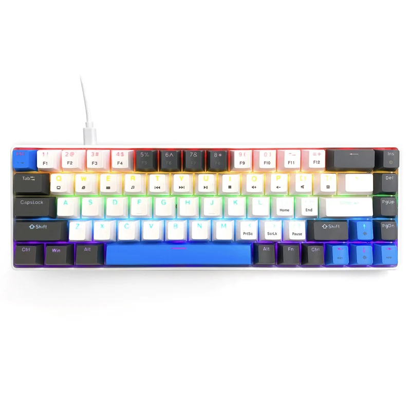 RED CORE MX60 - Clavier mécanique gaming court 60 %, commutateurs mécaniques silencieux RED, rétroéclairage coloré, 68 touches, USB-C. Couleur : blanc/bleu. Mediatech