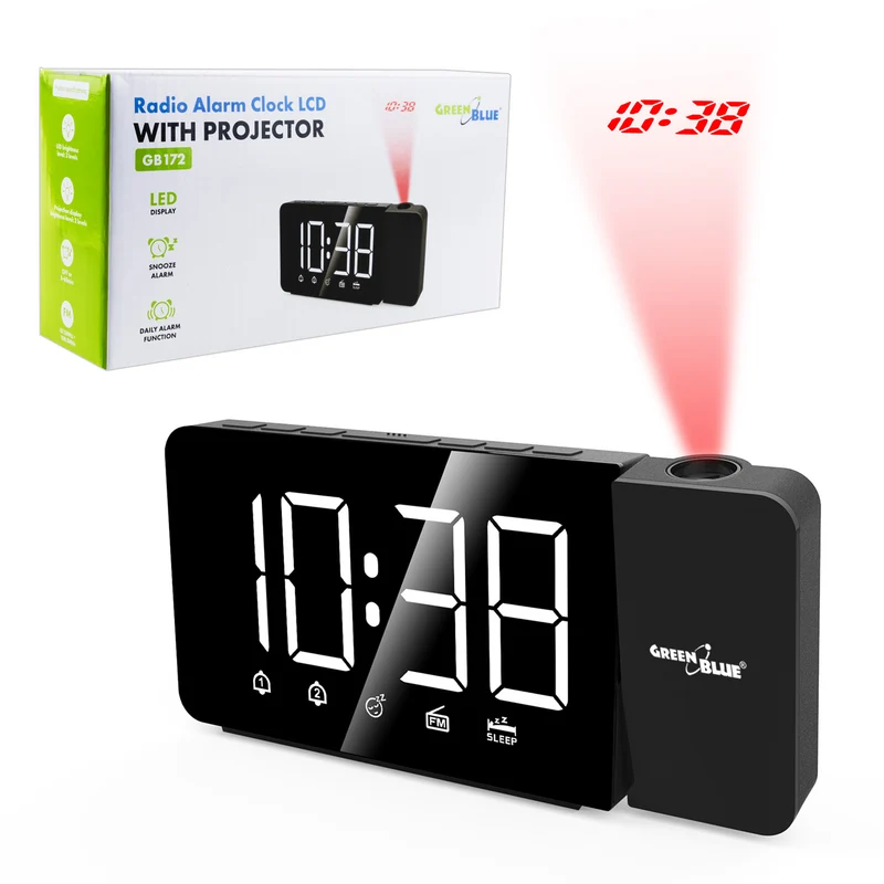 Digitale LED-wekkerradio met GreenBlue-projector, FM-radio, alarm, 12/24-uursklok, voeding USB 5V DC + CR2032, GB172
