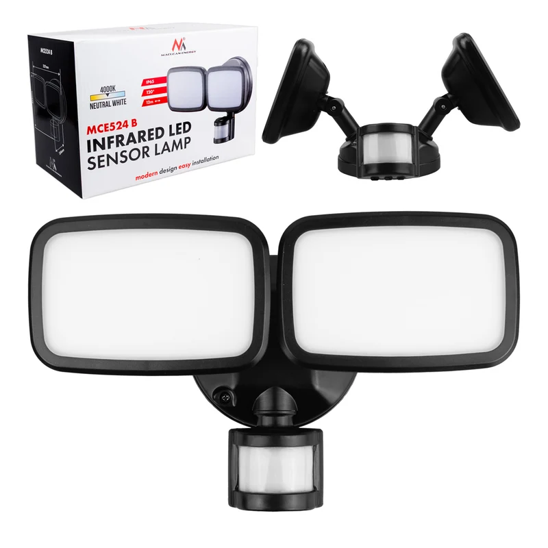 Maclean LED-wandlamp, met PIR-sensor, 20 W, 1500 lm, IP65, neutraal wit 4000 K, zwart, MCE524 B
