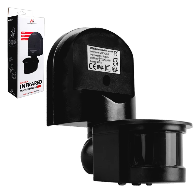Maclean wandbewegings- en schemersensor, 180°, max. 1200 W, zwart met zwarte afdekking, MCE25 B/B