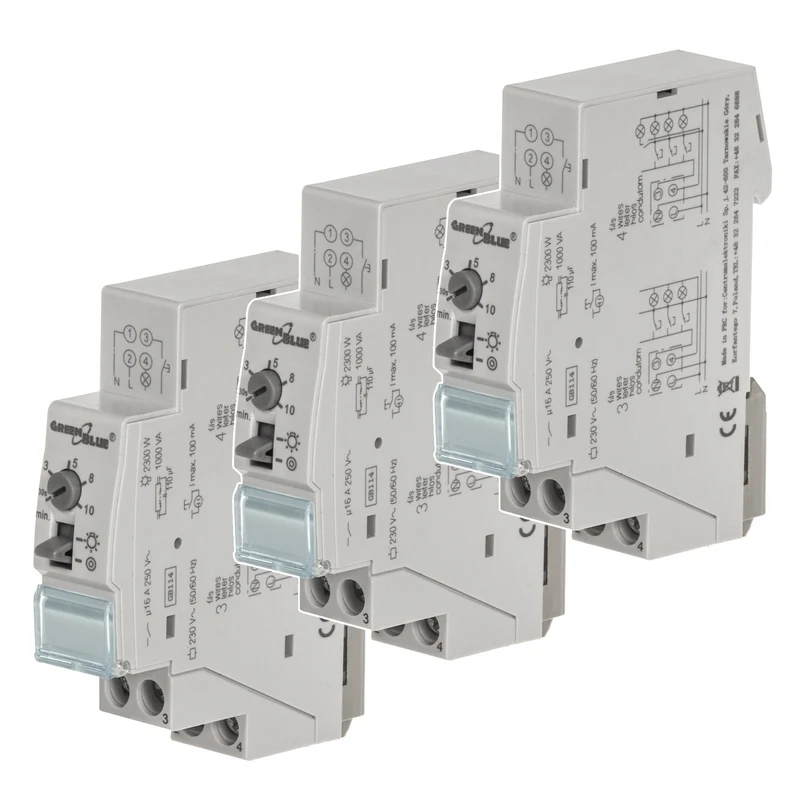 GreenBlue automatische trappenhuisverlichting voor DIN-railmontage, 30s-10m regeling, max 2300 W, GB114, 3 eenheden