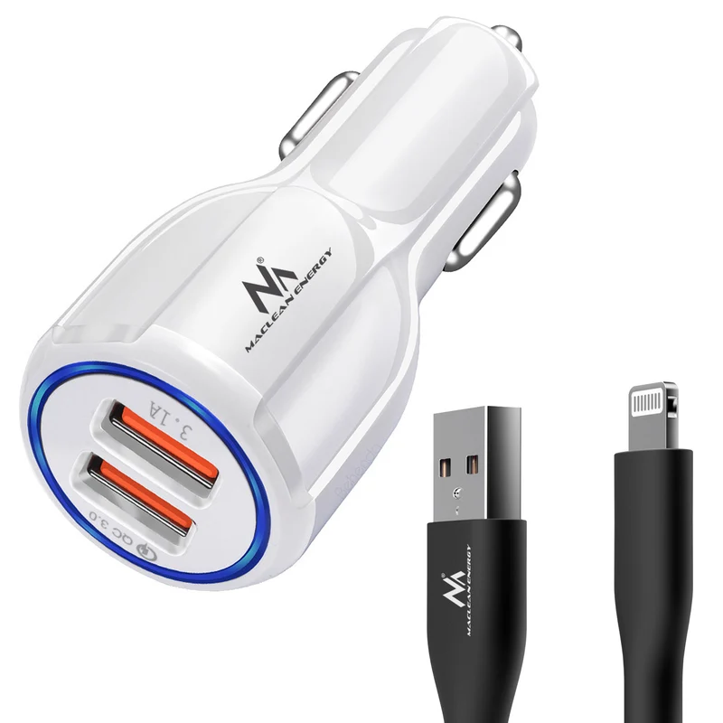 Maclean autolader, Qualcomm Quick Charge, QC 3.0 - 5V/3A, 9V/1.8A, 12V/1.6A, 5V/3.1A aansluiting met USB Lightning kabel