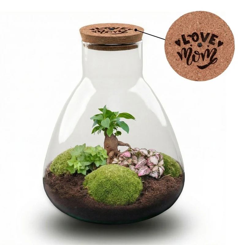 'Love Mom' terrarium Sam met gegraveerde kurk en licht