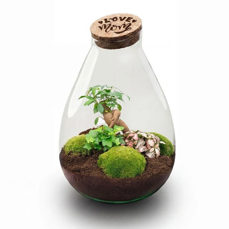 'Love Mom' terrarium Drop XL met gegraveerde kurk