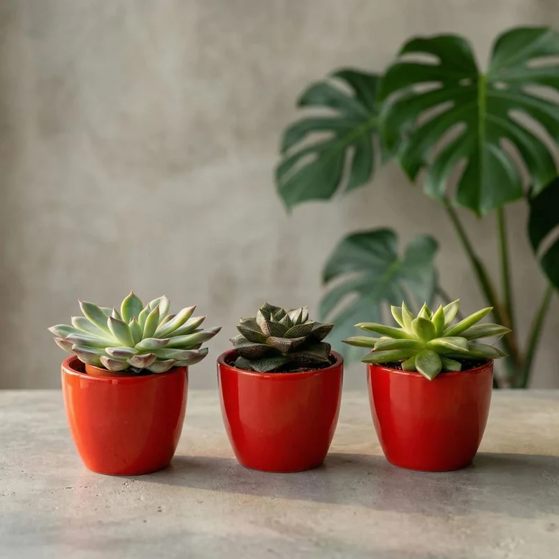 Succulentenset, 3 vetplanten in rode mini-potjes