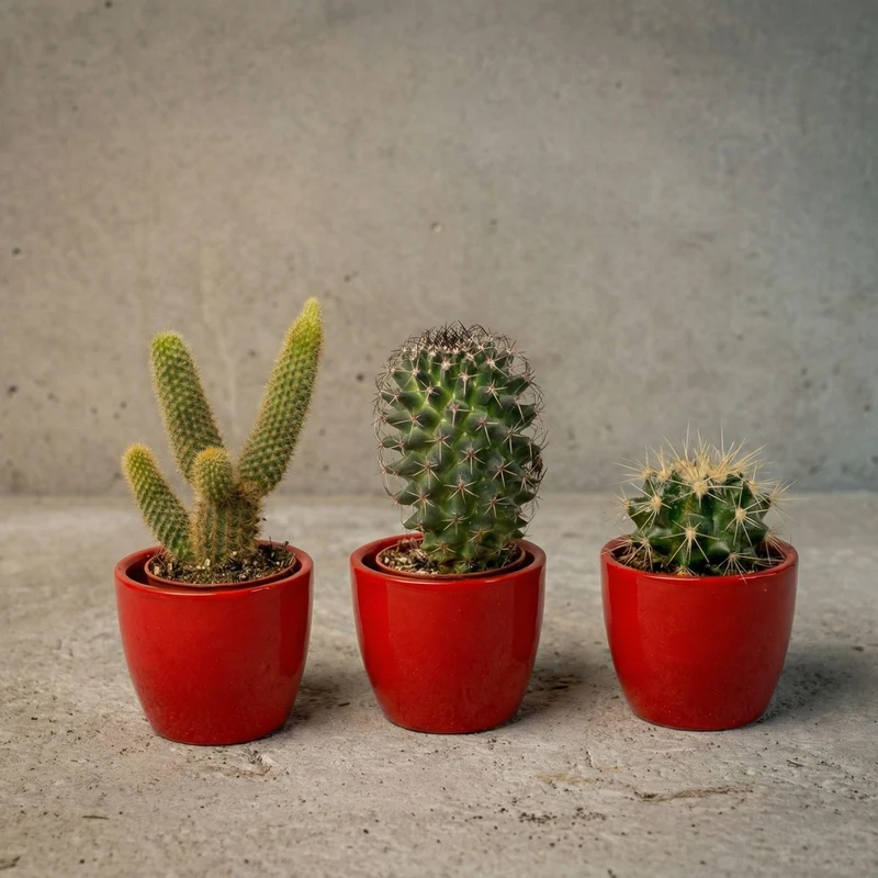 Cactussenset, 3 levende cactussen in rode mini-potjes