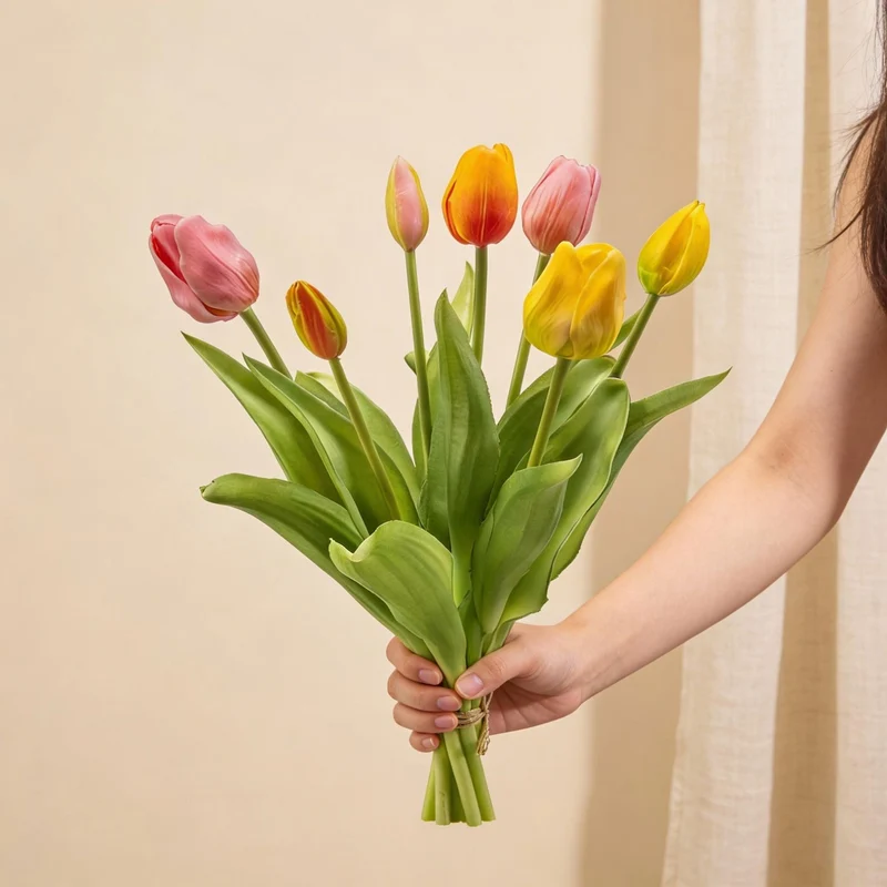 Tulpenboeket - Vrolijke Mix - ‘Real Touch’ Kunsttulpen - 7 stelen