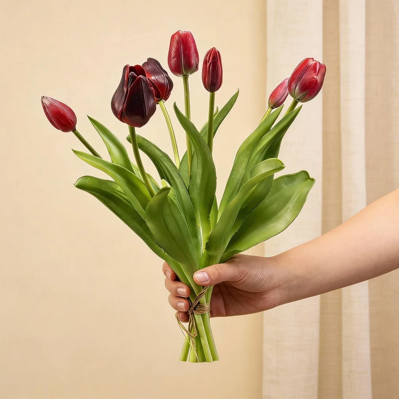 Tulpenboeket - Diep Rood - ‘Real Touch’ Kunsttulpen - 7 stelen