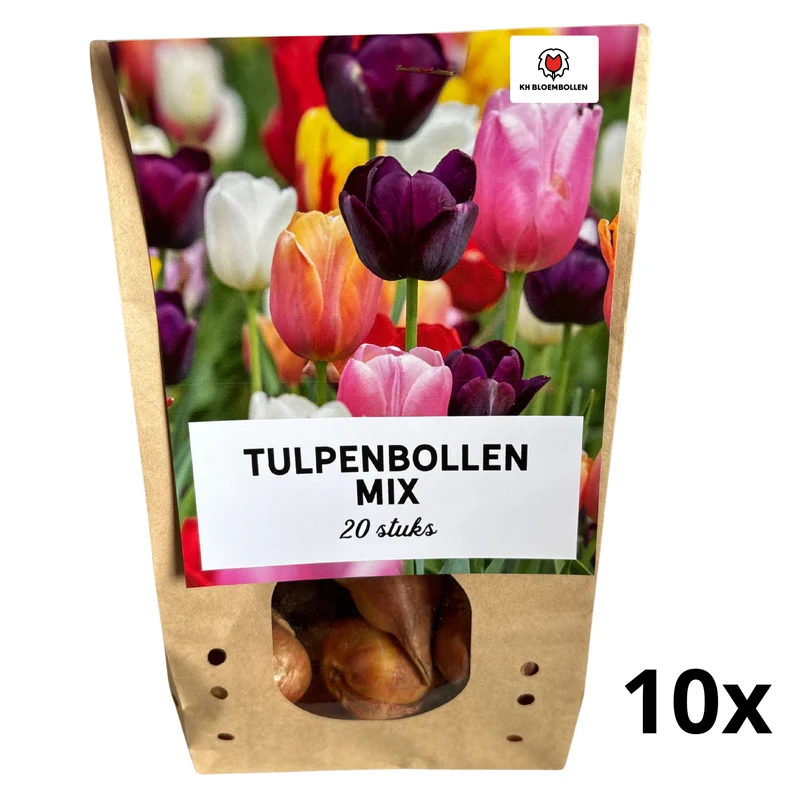 10 zakjes Tulpenbollen Mix van 20 Stuks per zakje | KH Bloembollen® | Kleurrijke Tulpenmix – Perfect voor Tuin of Pot – Maat 11/12
