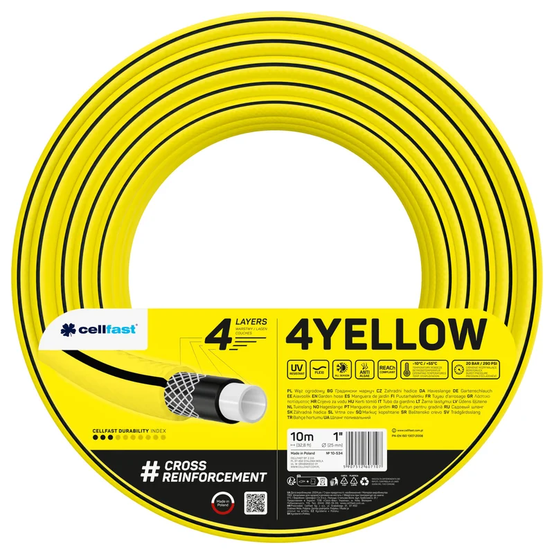 Cellfast-tuinslang, 4-laags, UV-bestendig, diameter 1 inch, lengte 10 m, 4YELLOW