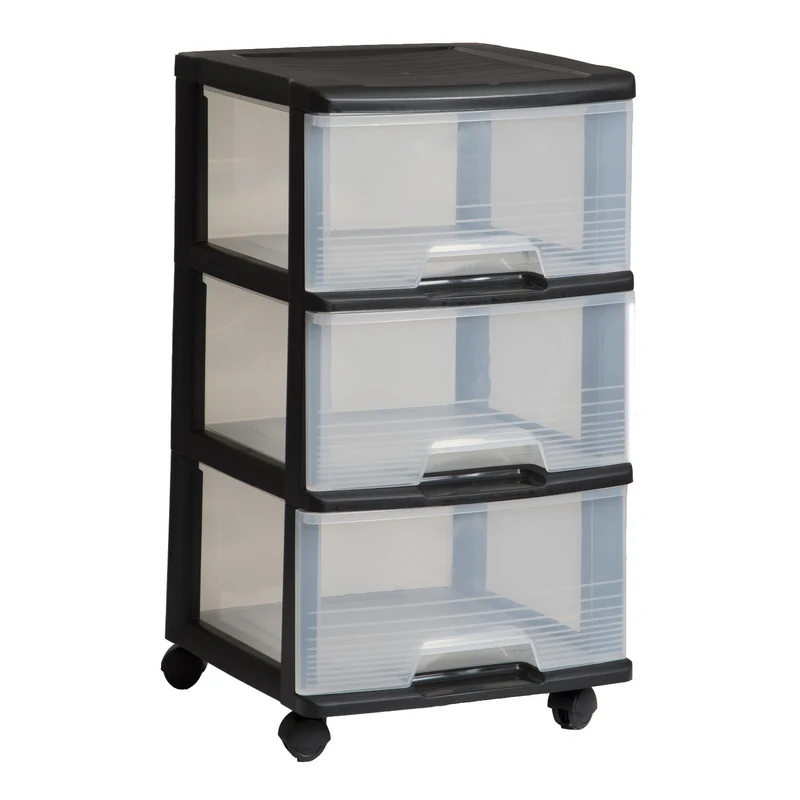 Étagère à roulettes Curver, couleur noire, 3 tiroirs transparents de 20 l, roulettes, 214754