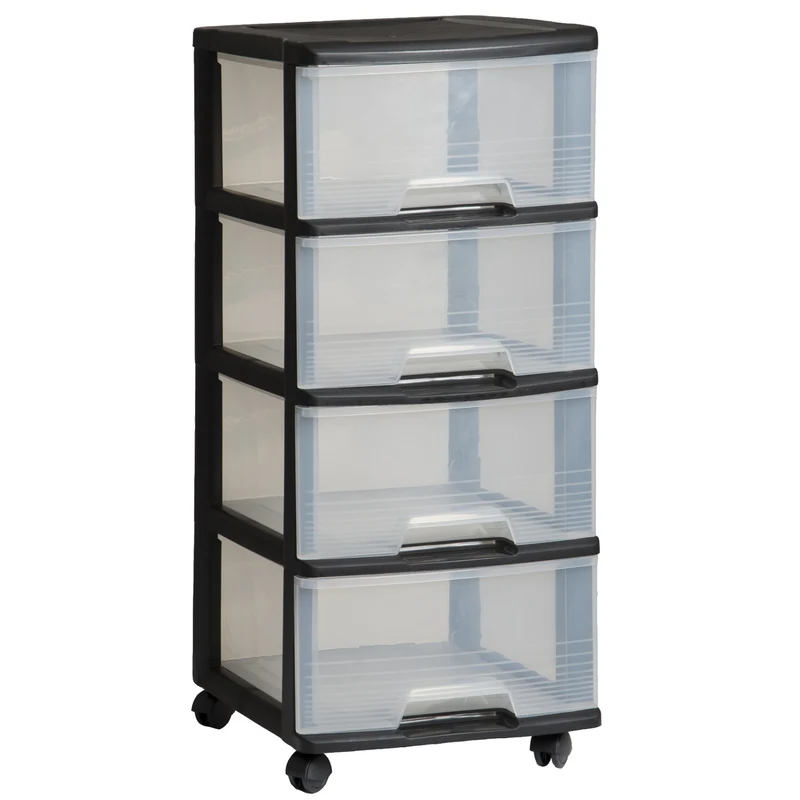 Étagère à roulettes Curver, couleur noire, 4 tiroirs transparents de 20 l, roulettes, 214756