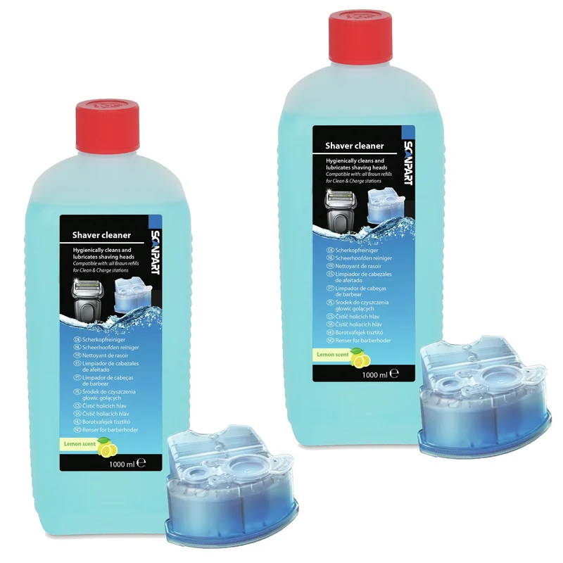 Reinigingsmiddel voor Braun-scheerkoppen met citroengeur, 1 liter plus navulpatronen, 2 stuks