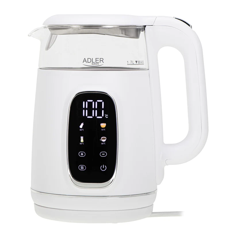 Bouilloire électrique en verre avec réglage de la température 1,7 L, LED, 40-100 °C, Adler AD 1305 WS blanc