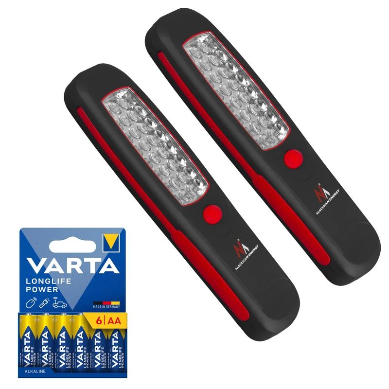 2x Maclean-werkplaatslamp met 24 LED's, magneet, haak, MCE03 + 6x R-06-batterij (R06, AA, LR06) 1,5 V VARTA Longlife Power