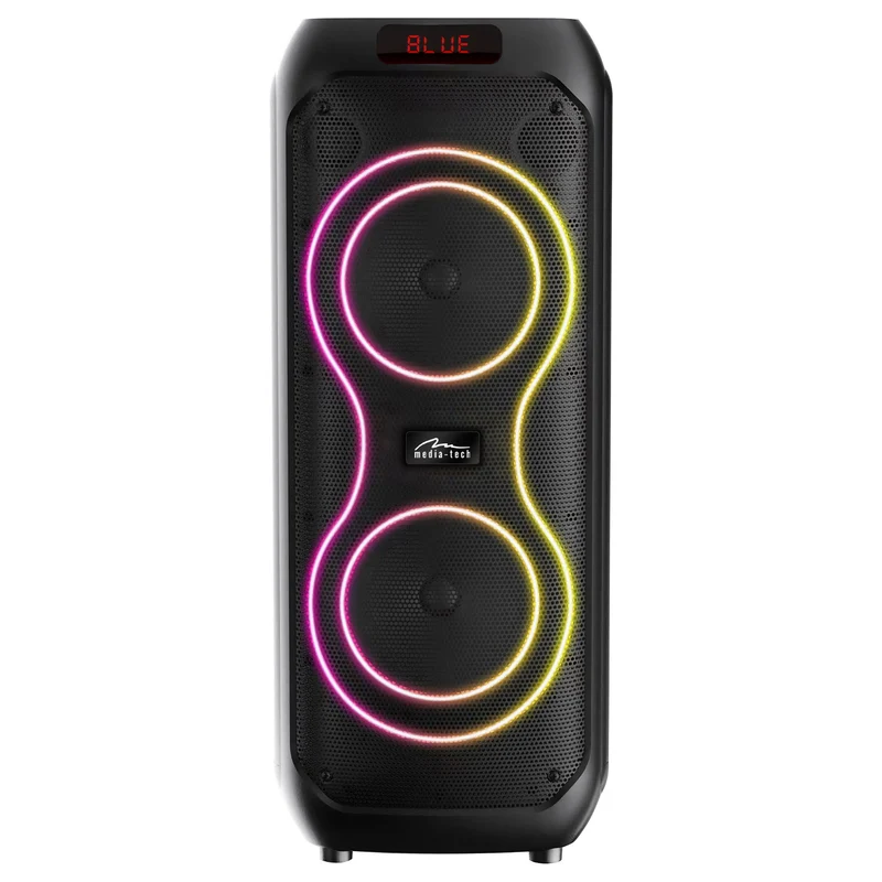 Grand haut-parleur Bluetooth, 120 W RMS/1400 W PMPO, deux haut-parleurs 8", égaliseur, fonction karaoké, MP3/cartes microSD, USB, AUX, BT 5.3+EDR, écran, LED, batterie intégrée, télécommande, MT3185