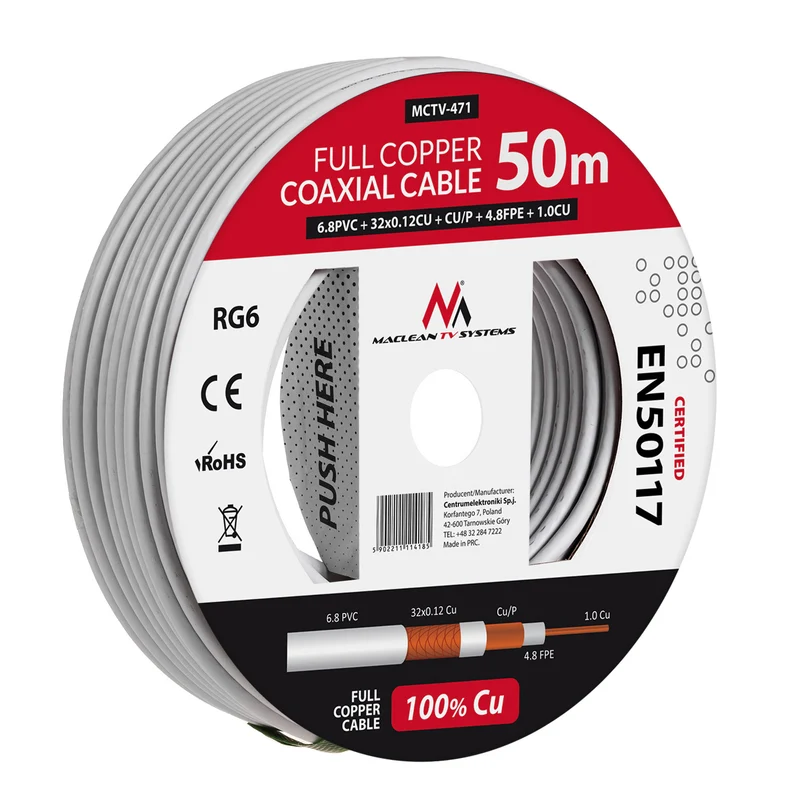 Antennekabel coaxkabel RG6 Pure Copper 50m Maclean MCTV-471