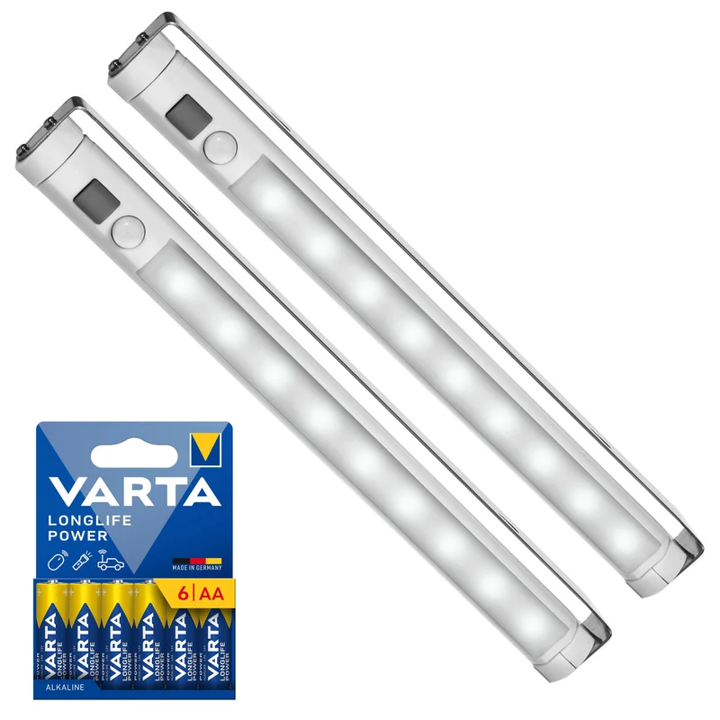 2 lampes LED Maclean pour cuisine, à fixer sous les placards, 9 LED SMD, à piles, capteur PIR marche/arrêt, MCE166 + 6 piles R-06 R06 AA LR06 1,5 V VARTA Longlife Power