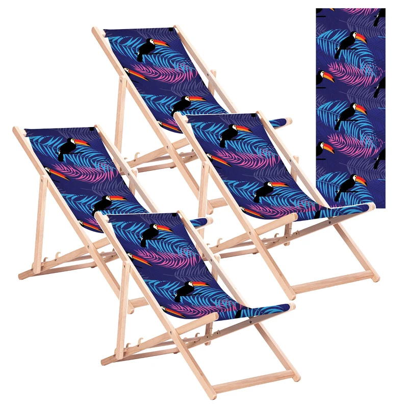 Klassieke ligstoel van beukenhout GreenBlue GB183 met Tukan-print, 4 stuks