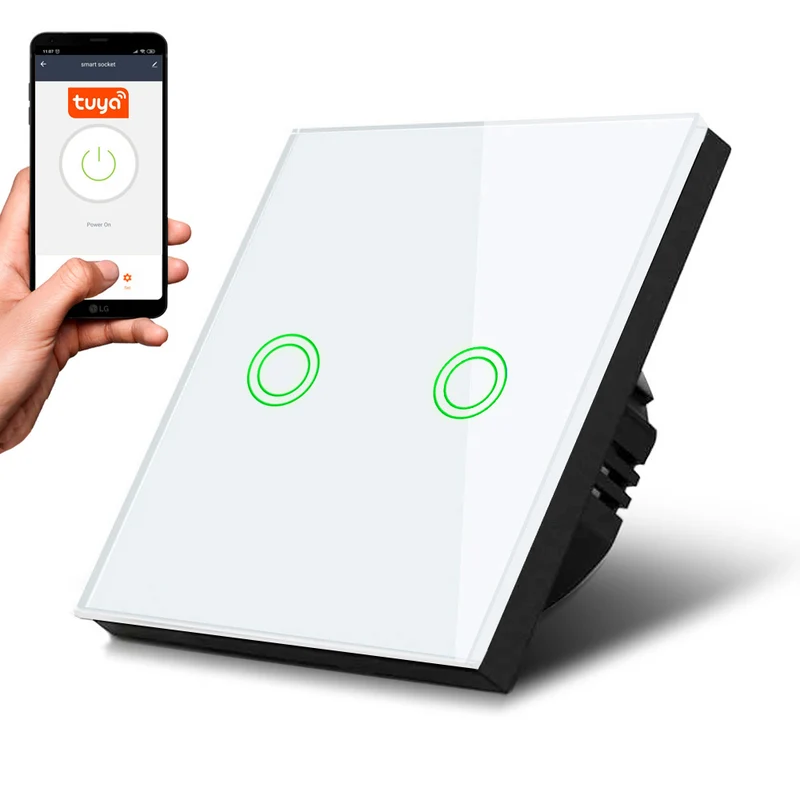 Maclean MCE714W Interrupteur à contact double, SMART, Tuya APP, verre, blanc avec illumination par bouton rond, 86x86mm,