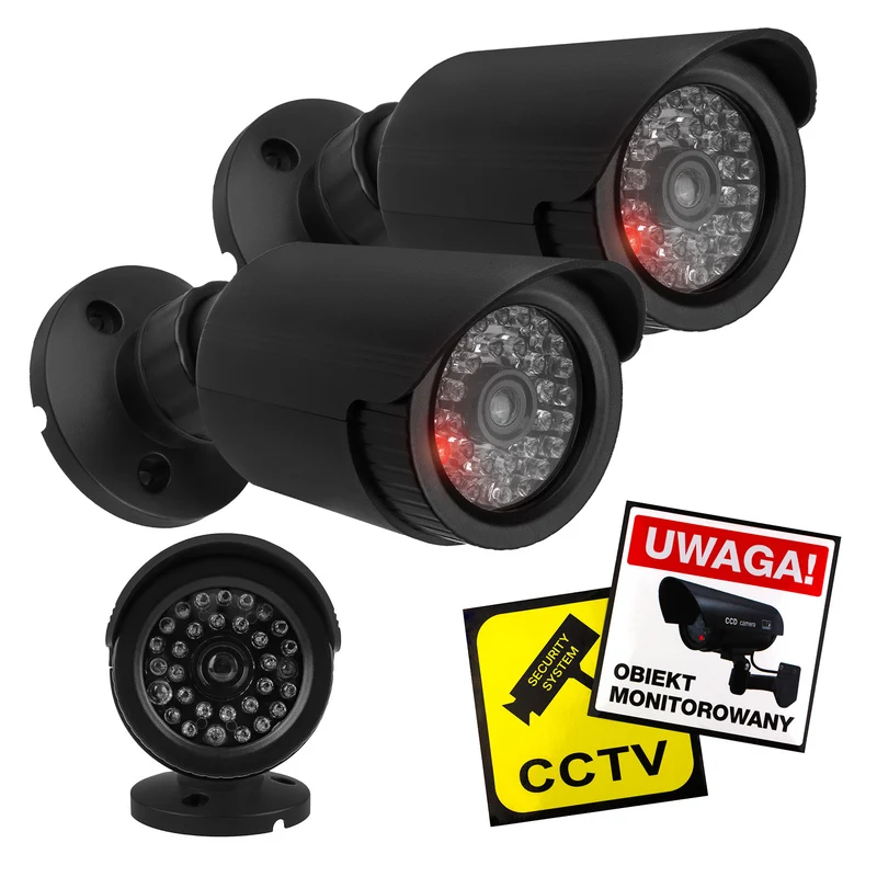 Lot de deux caméras tubulaires factices, diodes IR LED, noires, alimentation 2xAA (non fournies), ABS, IR1800 BT