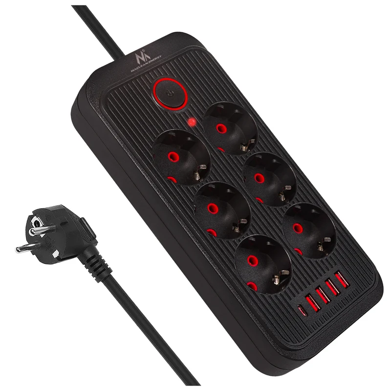 Multiprise Maclean, rallonge 6 prises + 4xUSB, 110-240V AC 50/60Hz, 2.1A max 2500W, 1.5 m, noir, MCE389 B