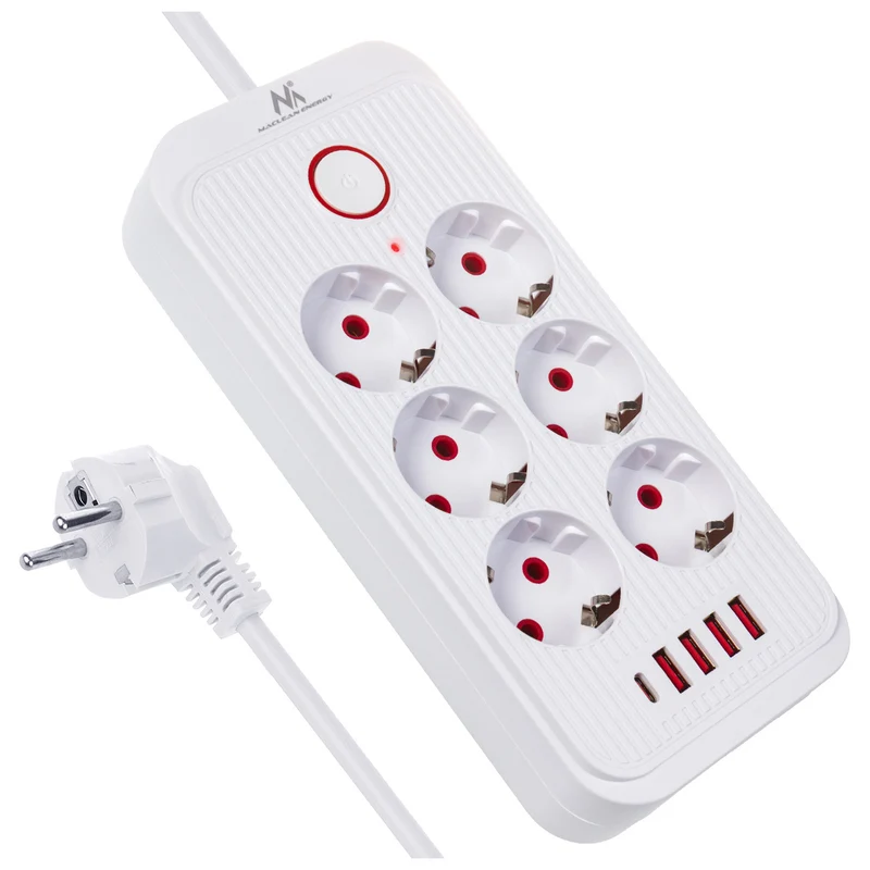 Maclean stekkerdoos, 6-polige verlengkabel + 4xUSB, 110-240V AC 50/60Hz, 2,1A max 2500W, 1,5 m, wit, MCE389 W