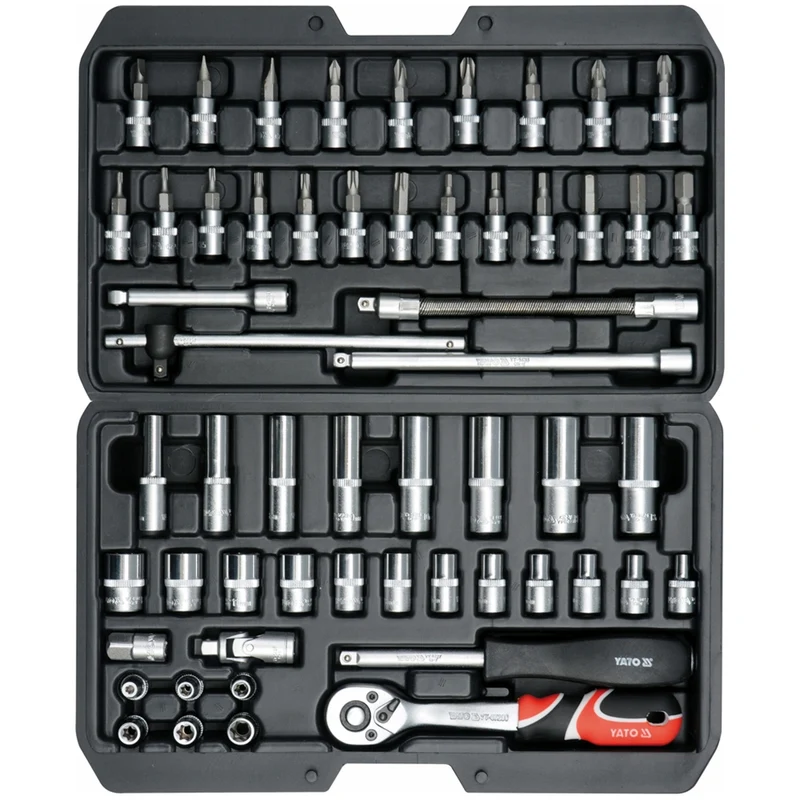 Professionele gereedschapsset van Yato, steeksleutels en doppen, van chroom-vanadiumstaal, 56-delig, doppen met AS-Drive-systeem, in koffer, YT-14501
