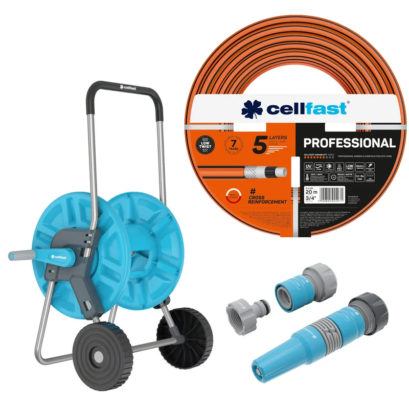 Cellfast-tuinslang, PROFESSIONAL 3/4" 20 m + Cellfast Aluplus-slangwagen 1/2" 60 m + Set met rechte sproeier 3/4" IDEAL
